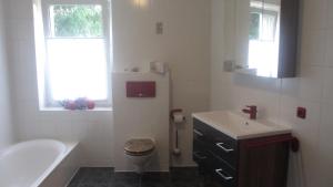 a white bathroom with a sink and a toilet at FeWo Strohbach in Meißen