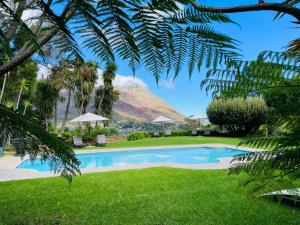 a swimming pool in the grass with a mountain in the background at The Tarragon in Hout Bay