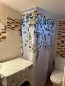 a bathroom with a toilet and a shower curtain at Matina's cozy home close to Monemvasia in Áyios Sarándos +17 photos