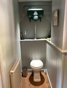 a small bathroom with a toilet and a green tank at Riverside Cottage Sleeps 8 with Parking in Marlborough +11 photos