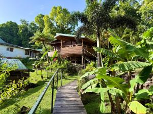 a wooden walkway leading to a wooden house at Les Bananes Vertes Ecolodges in Saint-Claude