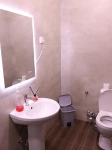 a bathroom with a sink and a toilet and a mirror at AL-BUKHARI Boutique Hostel in Bukhara