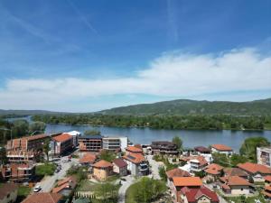 arial view of a town next to a river at Apartmani Cirkov in Veliko Gradište