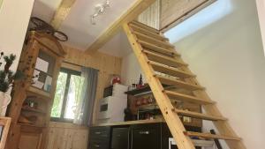 a ladder in the corner of a kitchen at Chata za dubem in Všelibice