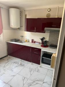 a kitchen with red cabinets and marble counter tops at Chez Séverine in Avignon