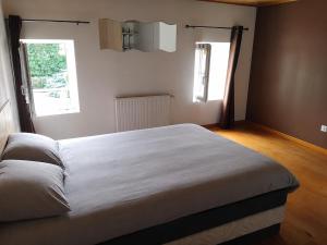 a bedroom with a large white bed with two windows at Maison in Reignac