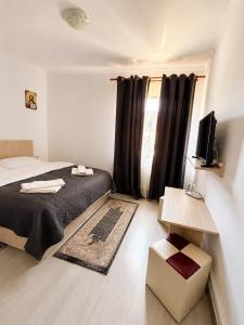 a bedroom with a bed and a tv on a wall at CAZARE TURISM PRISLOP in Haţeg