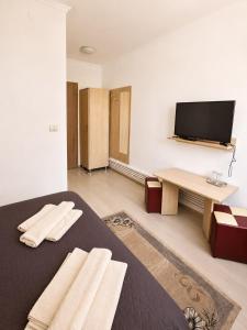 a room with two beds and a flat screen tv at CAZARE TURISM PRISLOP in Haţeg