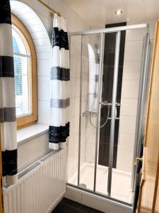 a shower in a bathroom with a window at Haus Deutschmann in Wenns