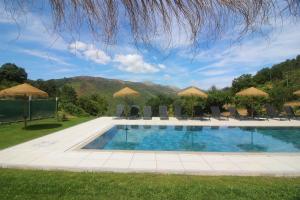 a swimming pool with chairs and umbrellas at Casa do Mestre by Gerês Casas in Geres
