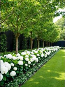 a row of trees with white flowers in a garden at The Roaring Pines in Dhikuli