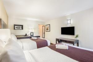 a hotel room with two beds and a flat screen tv at Days Inn by Wyndham Sylvan Lake in Sylvan Lake