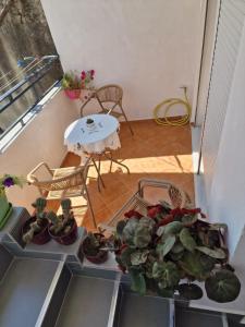 a balcony with a table and some potted plants at Villa Noah in Berat +2 photos