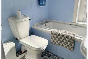 a blue bathroom with a toilet and a bath tub at Largo Bay - Harbour Hideaway in Leven +11 photos
