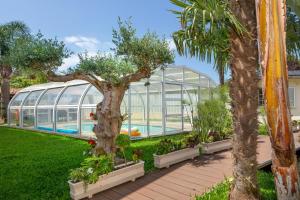 a greenhouse with a pool and trees and plants at Casa do Lago guest house in Espinho