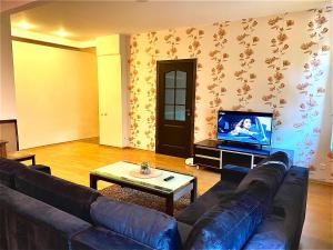 a living room with a couch and a tv at Klaipeda City Center Aparment in Klaipėda