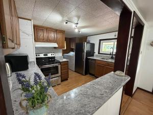 a kitchen with wooden cabinets and a counter top at Floral Canal-Facing Hideaway in Chesapeake City