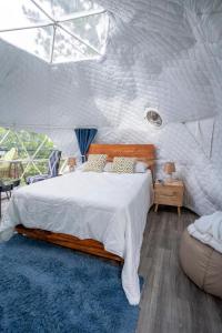 a bedroom with a large bed with a blue rug at Altura secreta in Jarabacoa
