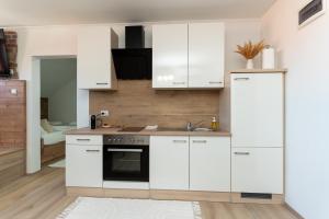 a kitchen with white cabinets and a sink at La casa de papel Apartment in Bjelovar