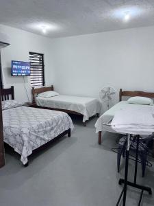 a hospital room with two beds and a tv at Garden Lodge Hotel in Placencia