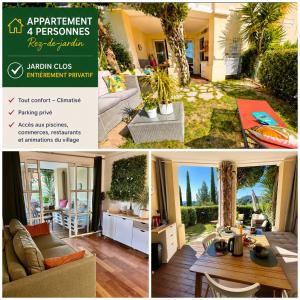 a collage of three pictures of a house at Appartement Premium Genius - Chambre séparée -vue Mer -Jardin Clôturé -Terrasse -Parking - Piscine Chauffée du 04 Avril au 01 Novembre- Saint Raphaël in Agay - Saint Raphael