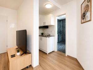 a living room with a television and a kitchen at Zum Rheinberg Komfort Studio in Braubach +17 photos