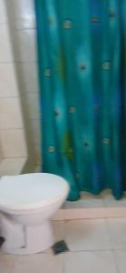 a bathroom with a toilet and a blue shower curtain at Vila Angeli in Techirghiol