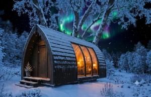 a cabin in the snow with the aurora in the sky at The Perfect Stop - Viking Haven in Lødingen