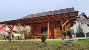 a large wooden cabin with a roof at Cabana Lavinia Daniel in Statjunea Borsa