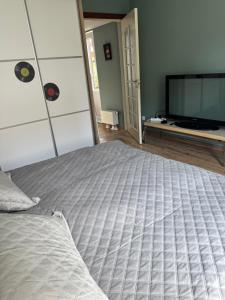 a bedroom with a bed and a flat screen tv at Lielupes Apartments Jurmala in Jūrmala