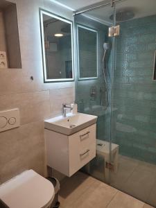 a bathroom with a shower and a sink and a toilet at BEM MINI STUDiO in Budapest +30 photos