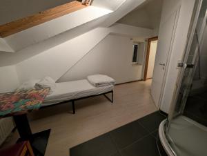 a small room with a bed and a bathroom at Mainrooms Kelsterbach in Kelsterbach +10 photos