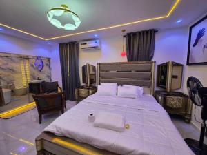 a bedroom with a large bed and a chair at Virginhomes apartment in Jibowu