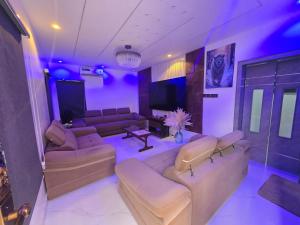 a living room with a couch and a television at Virginhomes apartment in Jibowu