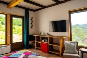 a living room with a tv and a large window at K-Home in Stănija