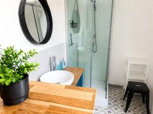a bathroom with a shower and a sink and a mirror at Bel appartement 2 chambres in Ham