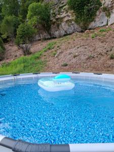 a swimming pool with a inflatable raft in the water at Les Rochers de Bayac in Bayac