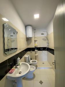 a bathroom with a sink and a toilet at Iljon Apartments in Tushemisht