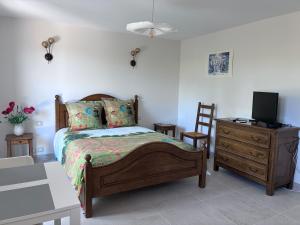 a bedroom with a bed and a tv and a dresser at La Petite Provence in Arbois