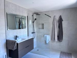 a bathroom with a sink and a shower at La Petite Provence in Arbois