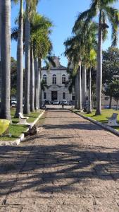 a street with palm trees in front of a building at Aconchego e praticidade no centro histórico in Itu