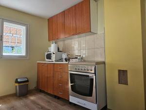 a kitchen with wooden cabinets and a stainless steel oven at Kovaci Garden House in Sarajevo