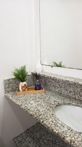 a bathroom counter with a sink and a mirror at Aconchego e praticidade no centro histórico in Itu +49 photos