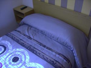 a bed with a purple comforter in a room at Pensión Gema in Irún