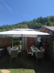a table and chairs under a white umbrella at Lipora apartman in Vrnjačka Banja