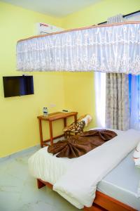 a bedroom with a bed with a canopy and a table at JOSEPHINA LODGE Dodoma in Dodoma