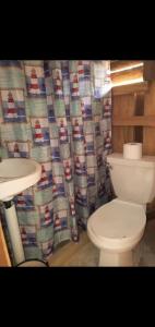 a bathroom with a toilet and a shower curtain at Miranda in Arroyo Chico Arriba
