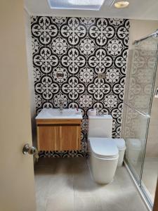 a bathroom with a toilet and a sink and a shower at Alto Luna casa de campo in La Tebaida +9 photos