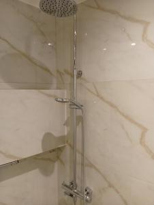 a shower in a bathroom with white marble at Fyki sea view apartment in Vlikhón +8 photos