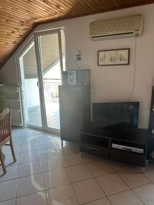 a living room with a tv and a sliding glass door at Đenovici Apartmans in Đenovići
